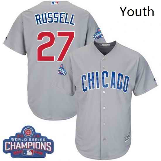 Youth Majestic Chicago Cubs 27 Addison Russell Authentic Grey Road 2016 World Series Champions Cool Base MLB Jersey